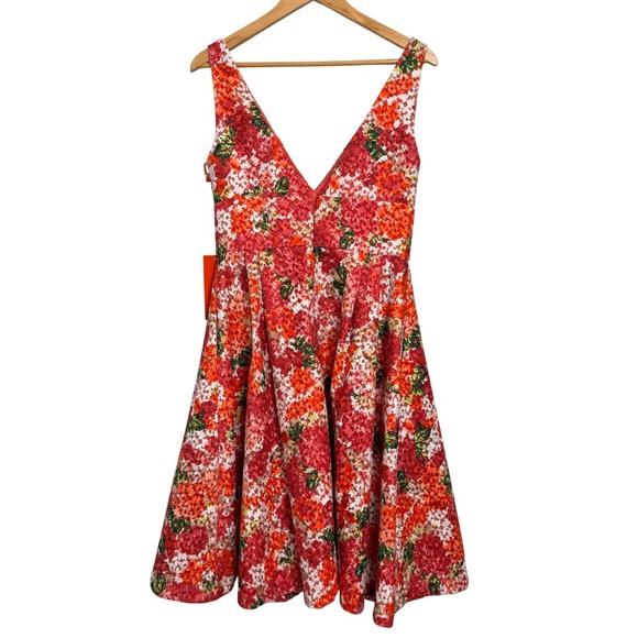 Monique Lhuillier Pink Floral Fit Flare Dress V Neck Size 10 Anthropologie FLAW - Picture 6 of 11